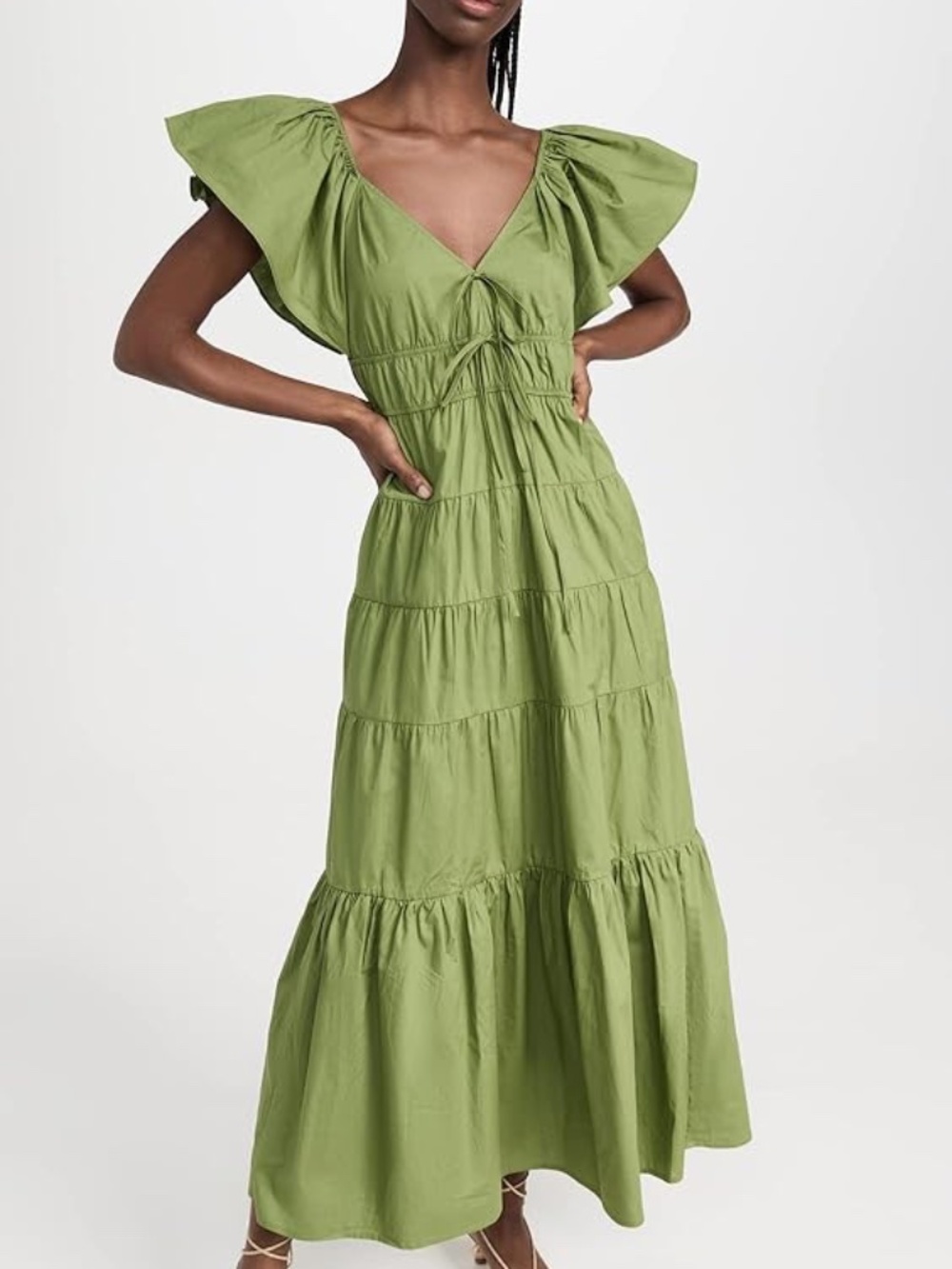 Moon River Olive Green Flutter Sleeve Tiered Stretch Cotton Maxi Dress